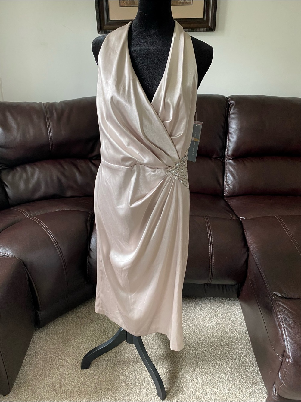 NWT London Times Champagne Rhinestone Halter Dress Formal Satin Women’s Size 14